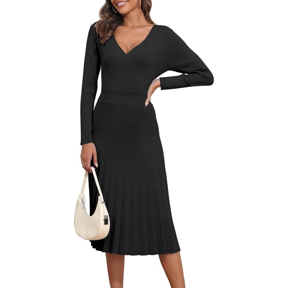 Women's V Neck Sweater Dress Long Sleeve Pleated Midi Knit A Line